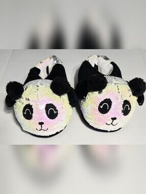Body Rage Panda Sequin Plush Slippers L/XL Black Pink Yellow Cozy